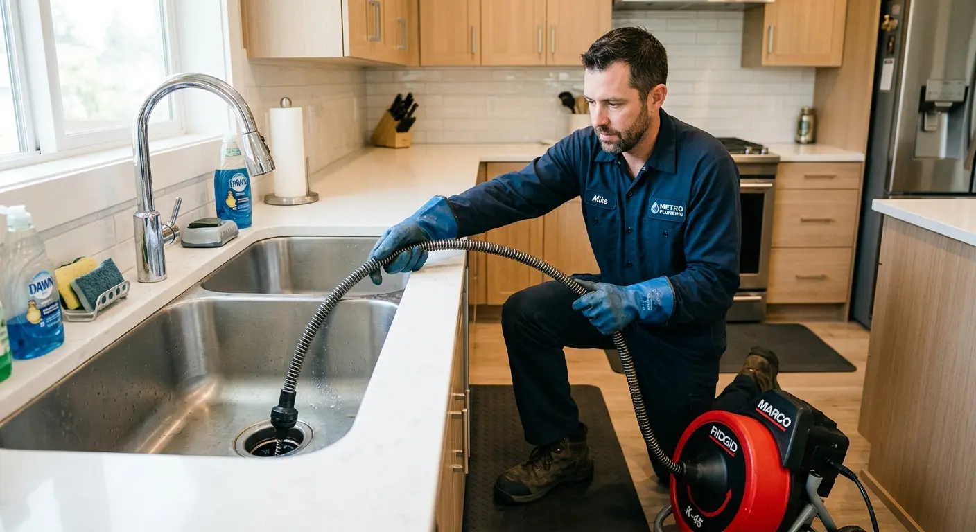 Drain cleaning technician using a motorized snake on a kitchen sink in Amityville