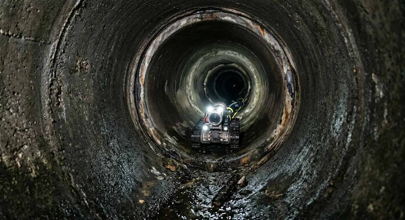 Robotic sewer camera inspecting pipe interior for Sewer Line Cleaning in Amityville