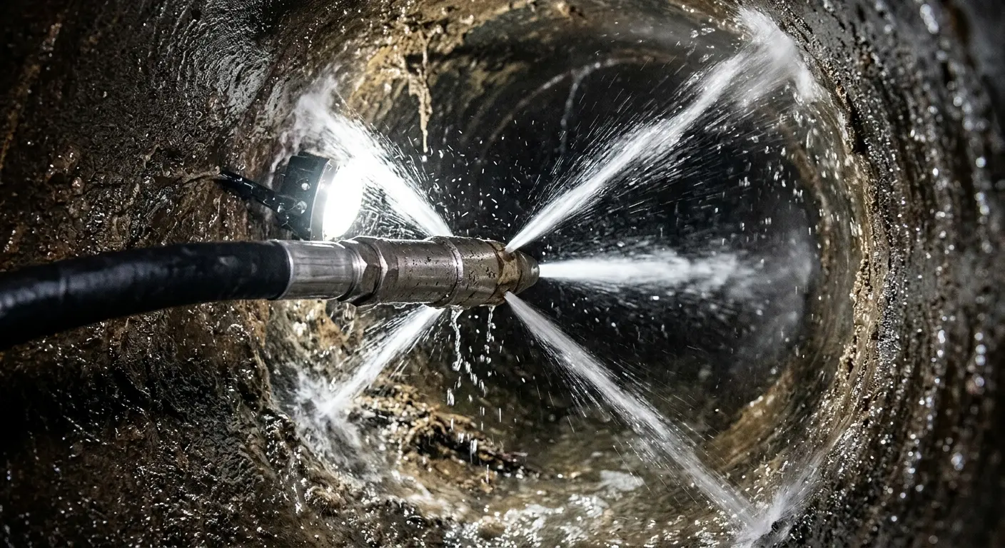High-pressure hydro jetting nozzle cleaning sewer pipe for Trenchless Sewer Repair in Amityville