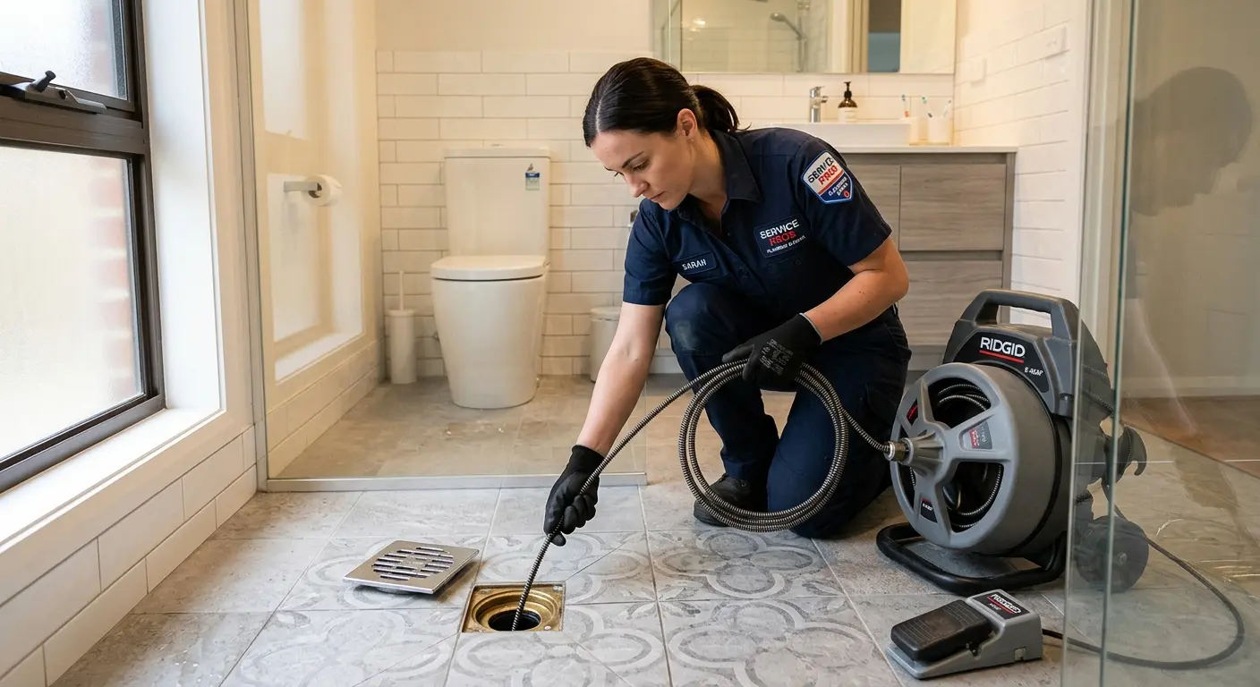 Technician clearing a bathroom floor drain for Drain Repair in Amityville